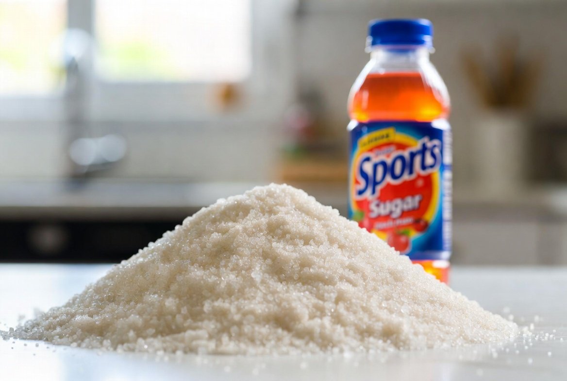 Pile of sugar in front of a sports drink bottle showing how much sugar is in a typical sports drink compared to a sugar free electrolyte drink mix
