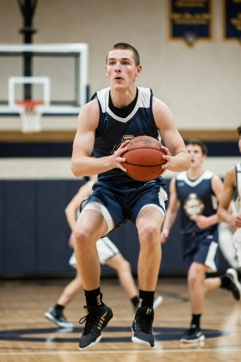 High school basketball player preparing to shoot jump shot during game