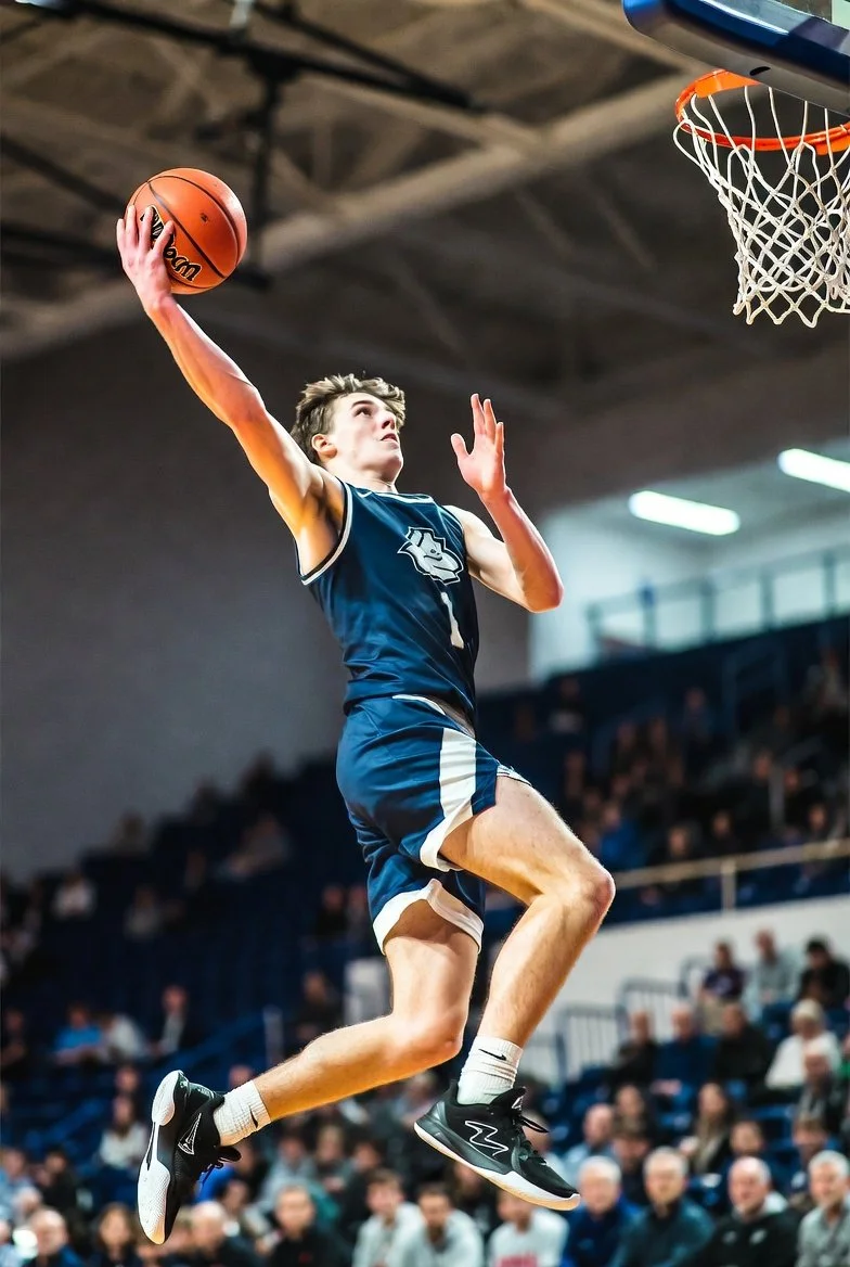 High school basketball player performing one-handed layup during game