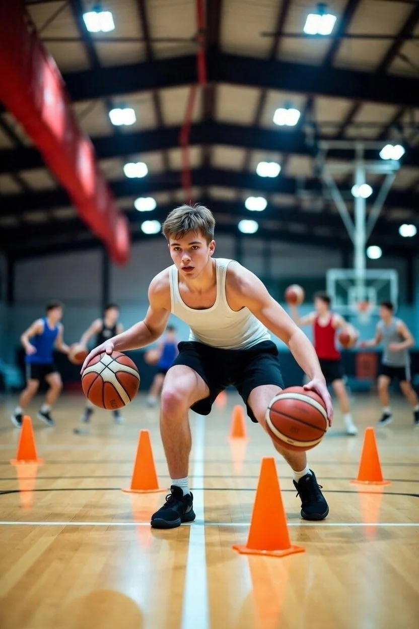 Teen basketball player performing cone dribbling agility drill during indoor training session