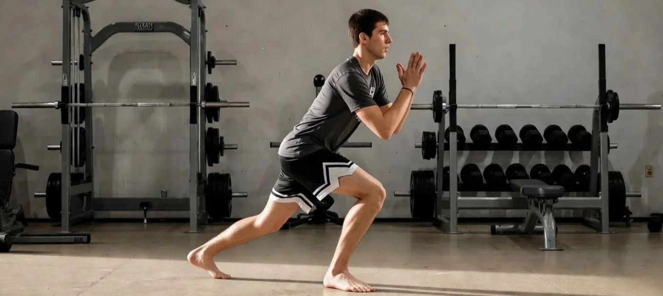 basketball player performing dynamic warm-up lunge mobility exercise in gym