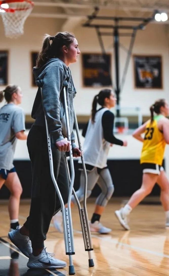 injured female basketball player on crutches watching teammates practice in gym