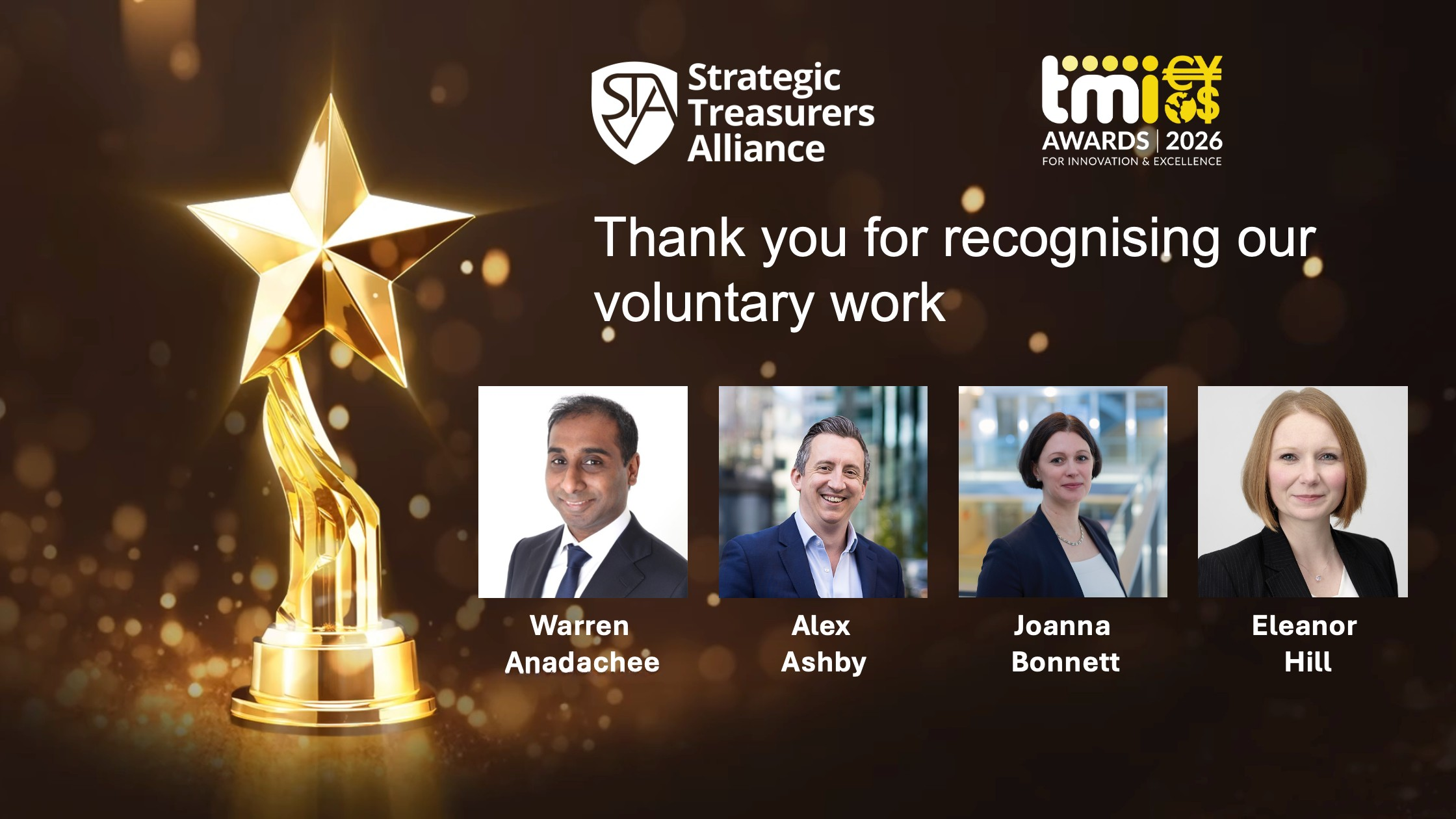Gold star-shaped award trophy beside the Strategic Treasurers Alliance and TMI Awards 2026 logos, with headshots of Warren Anachee, Alex Ashby, Joanna Bonnett and Eleanor Hill and the message “Thank you for recognising our voluntary work.