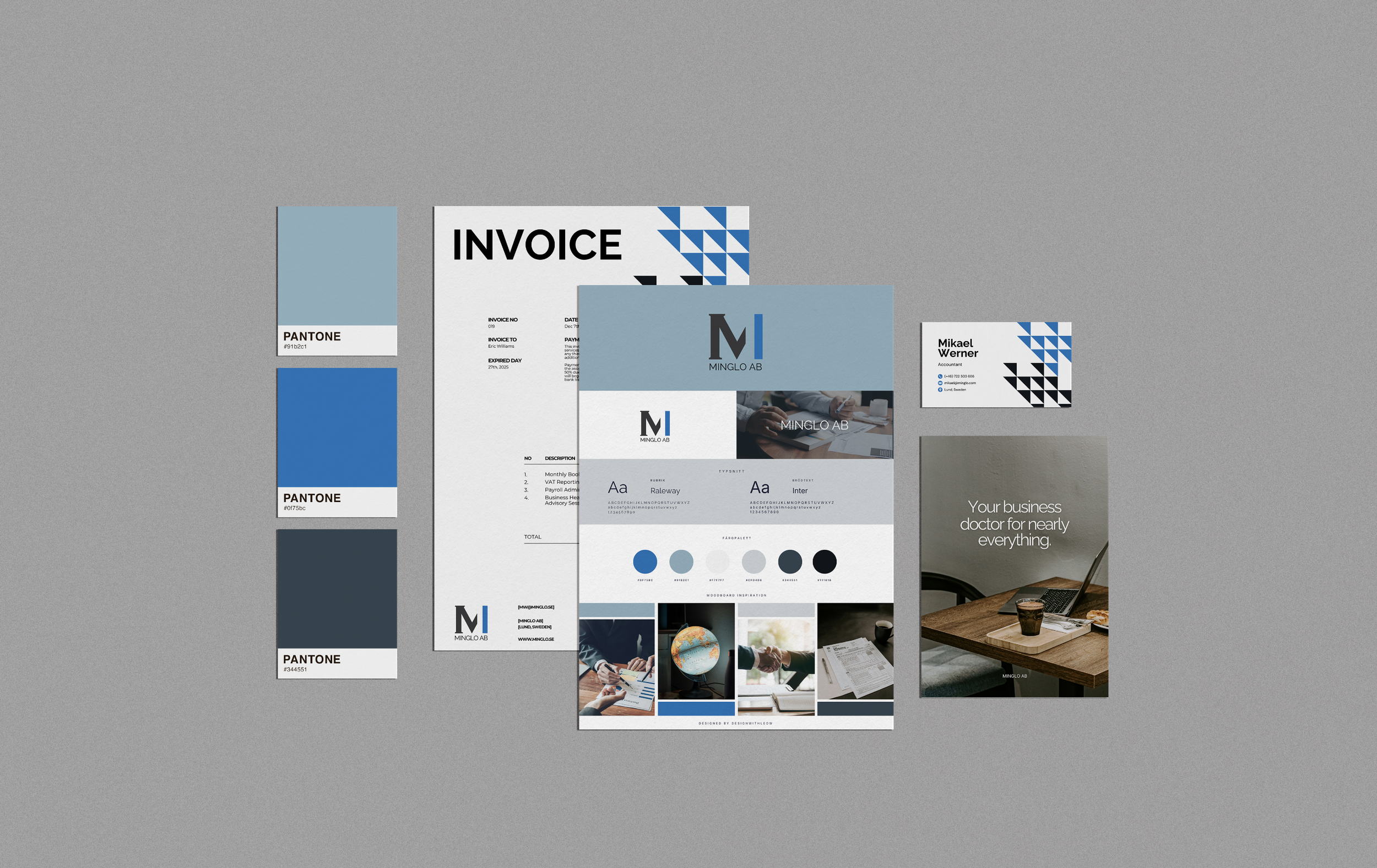 A collection of branding materials including business cards, a color palette, a logo and letterhead for Minglo AB, a business consulting company, on a gray background.