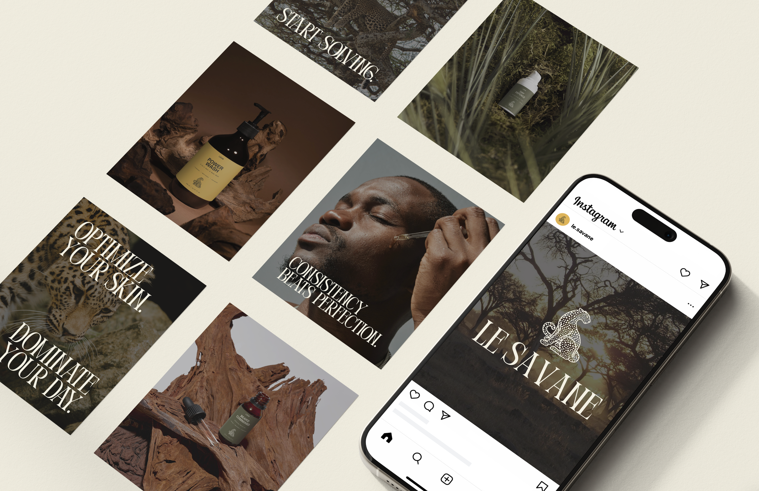 An Instagram post displayed on a smartphone showing the logo of a snake and tree with the text "LE SAVANE". Surrounding the phone are various images of skincare products, animals, and nature scenes, with inspirational quotes about skincare and consistency.