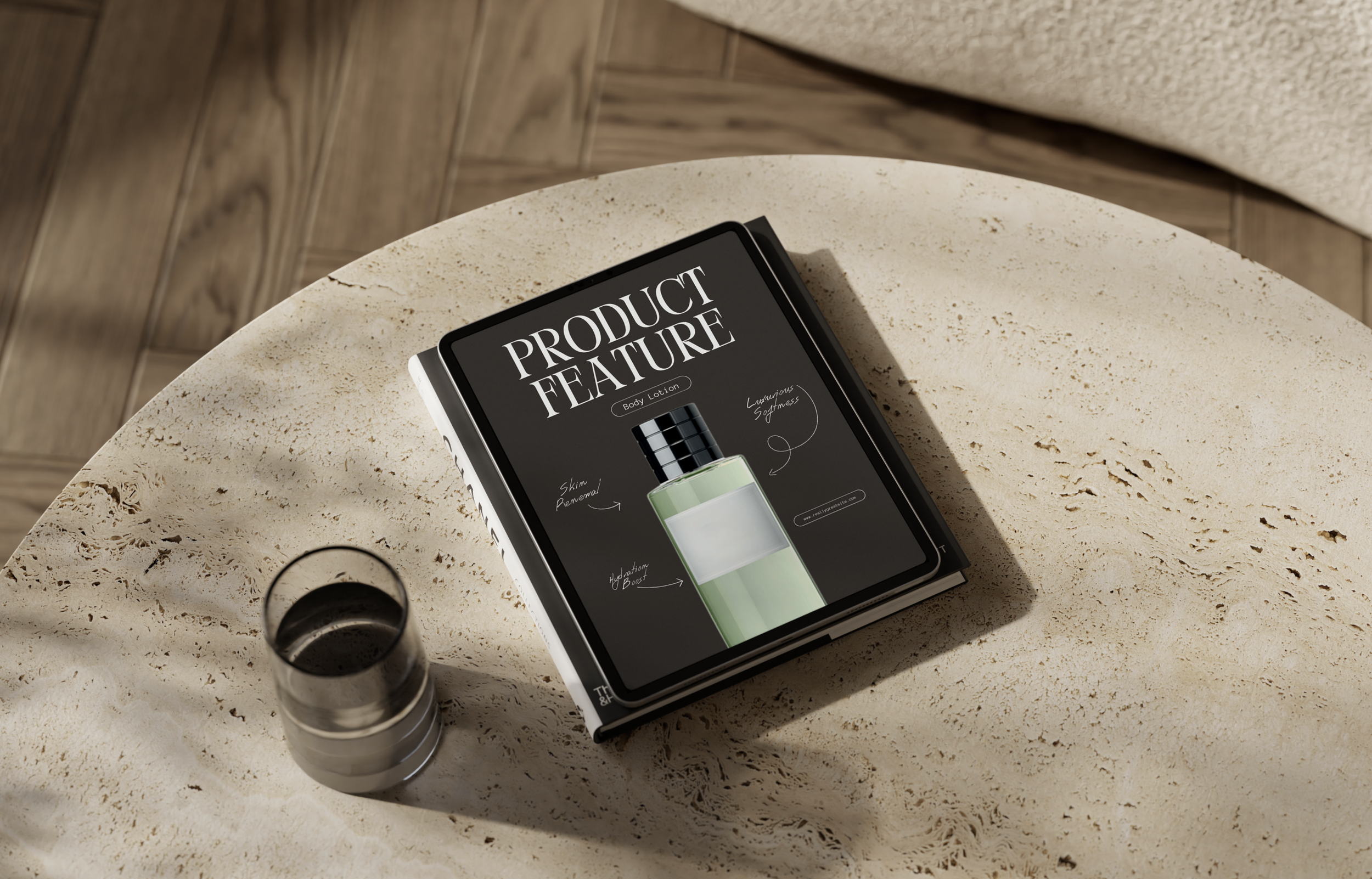 A magazine titled 'Product Feature' resting on a beige marble table with a glass of dark liquid nearby.