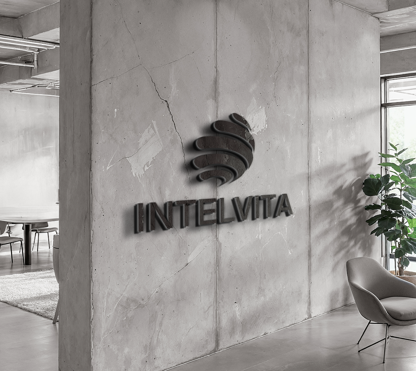 Corporate office lobby with concrete walls, a logo sign reading 'INTELVITA', and modern furniture including a lounge chair and potted plant.