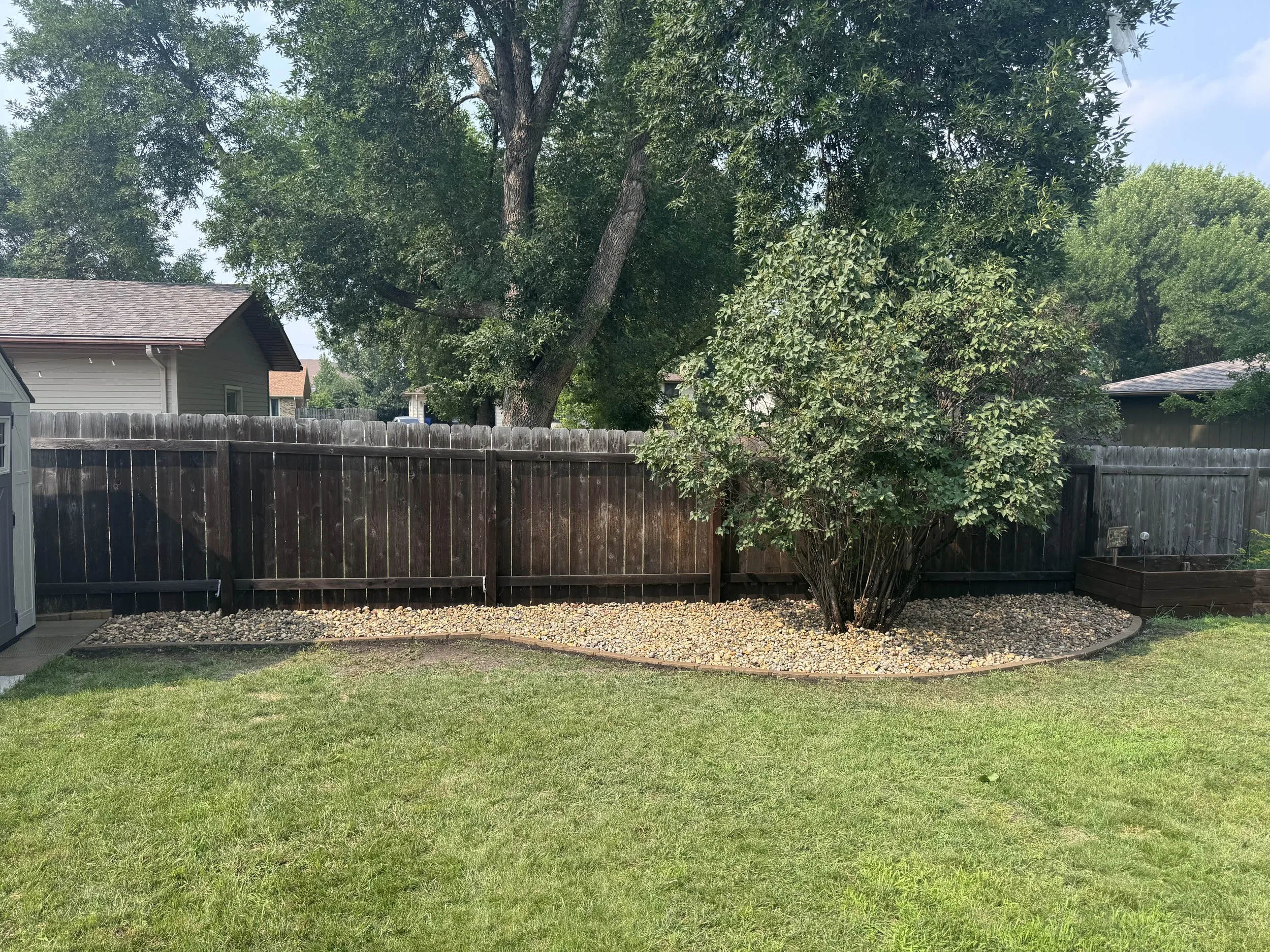 A backyard with a wooden fence, a tree with large branches, a shrub, a small garden bed, gravel, and grass.