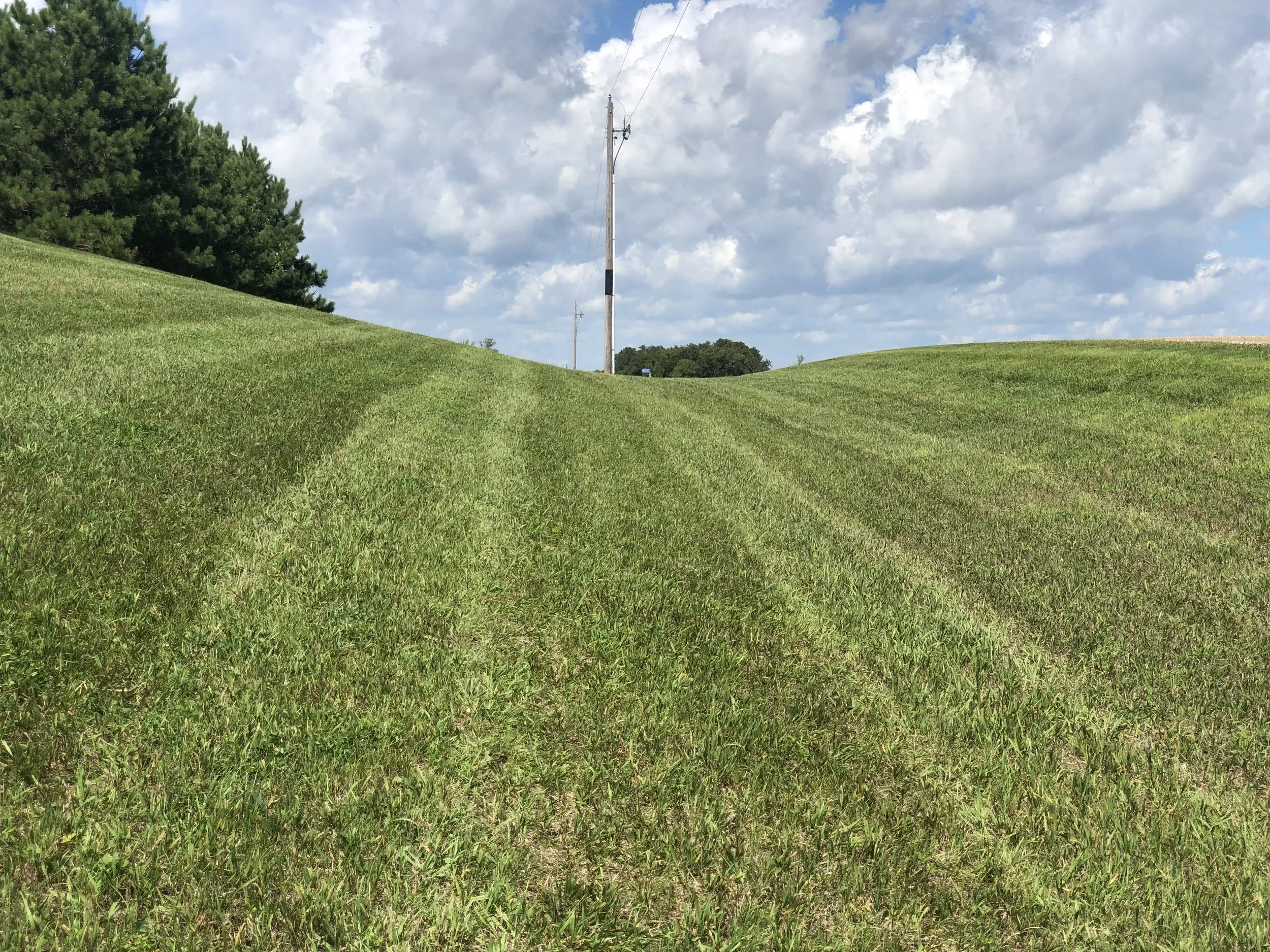 Green grassy field with rolling hills, a few electrical poles in the distance, and a partly cloudy sky.