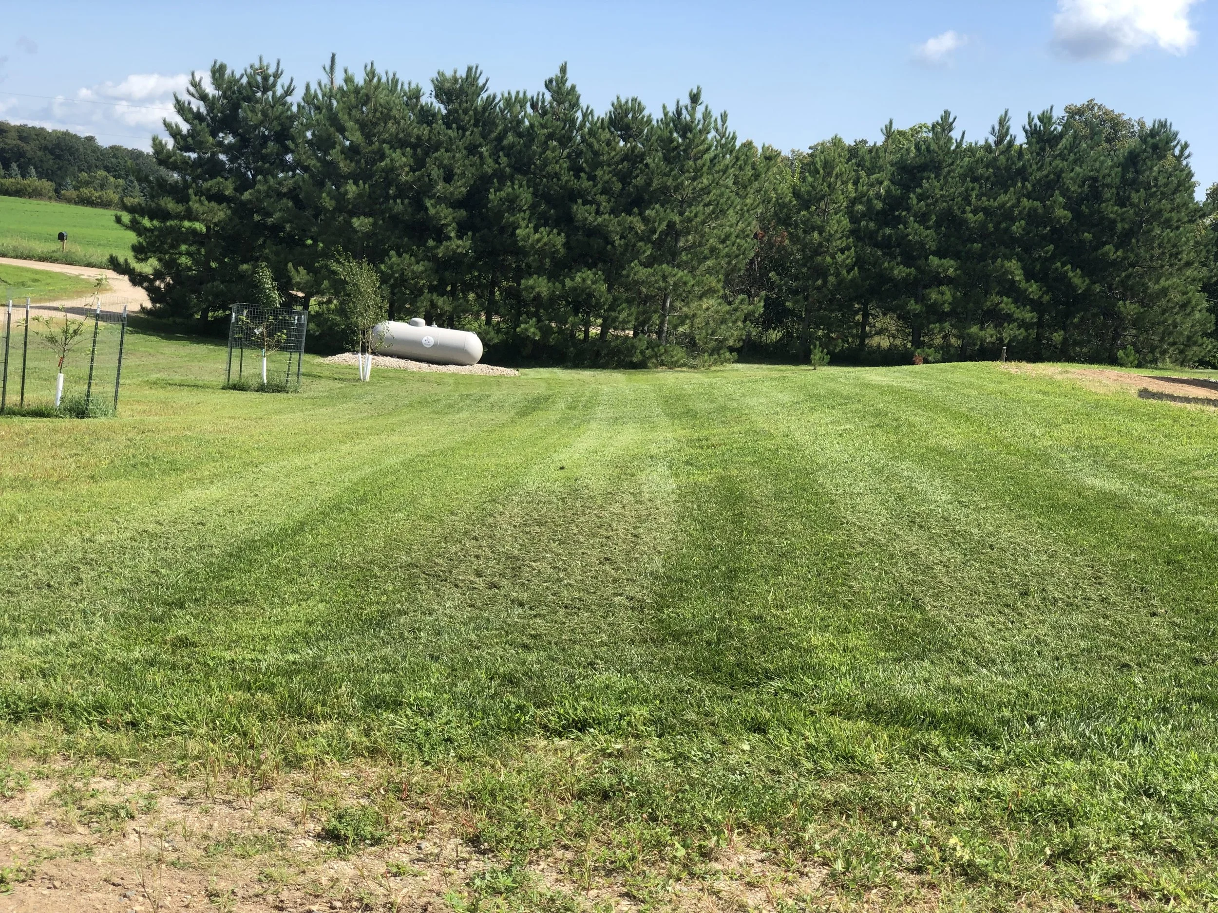 A grassy field with rows of freshly mowed grass, a line of trees in the background, and a gas tank on a concrete pad near the trees.