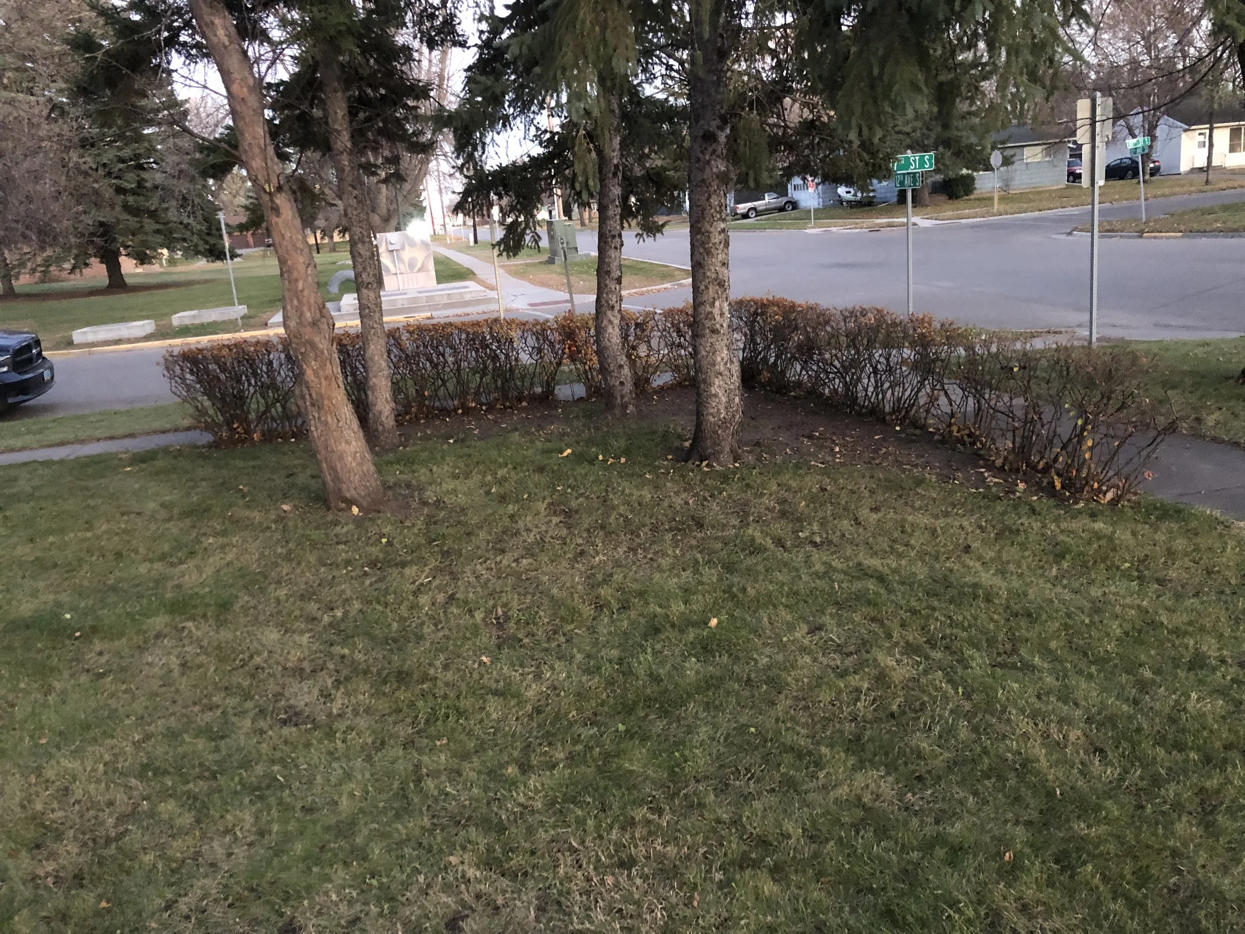 A small park with grass, trees, and a hedge, located at the corner of two streets; residential neighborhood with houses and parked cars in the background.