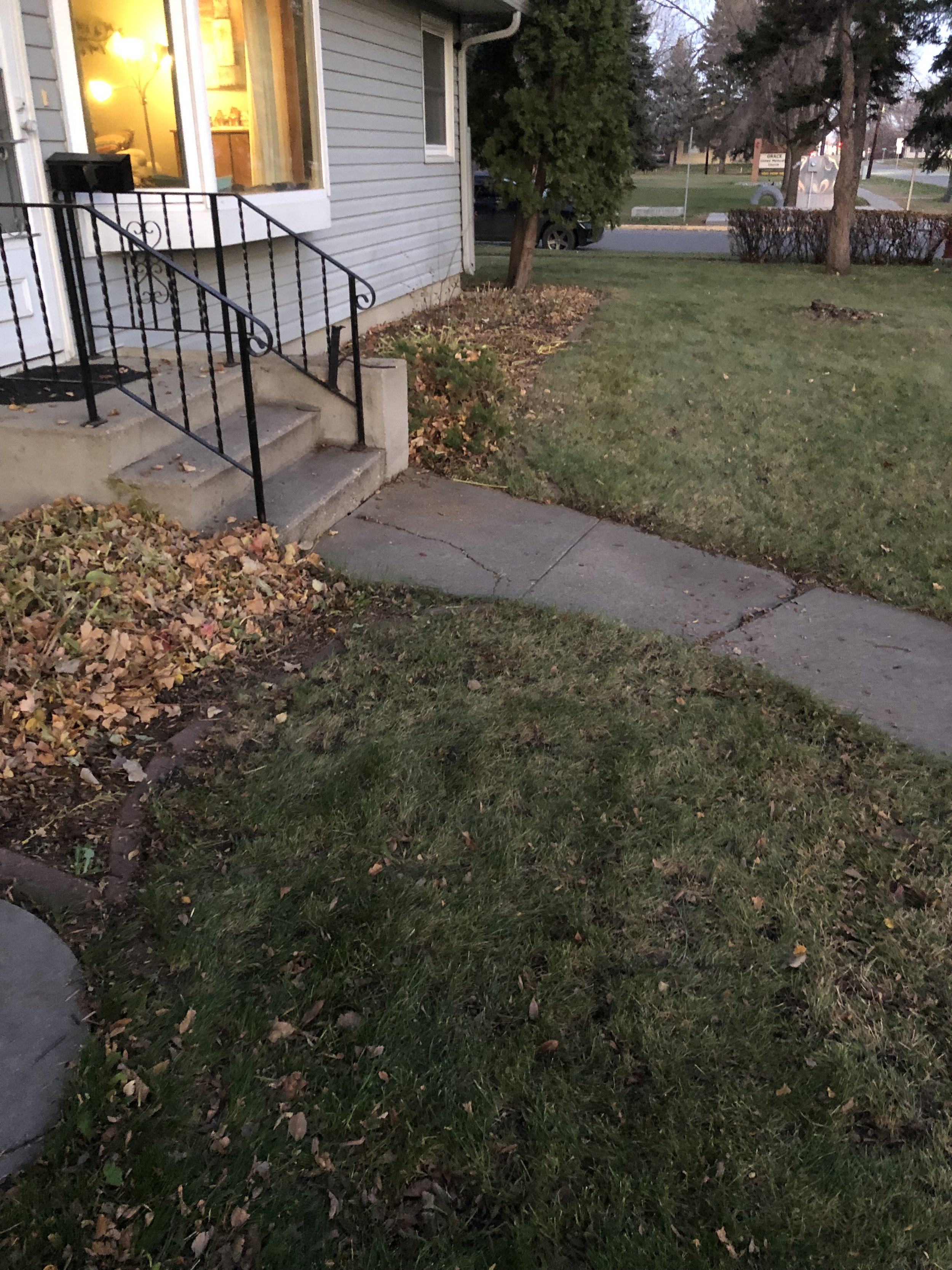 A residential front yard with a concrete walkway, a house with siding and a window, a small set of concrete stairs with a black metal handrail, a grassy lawn, bushes, and trees, during dusk or early evening.