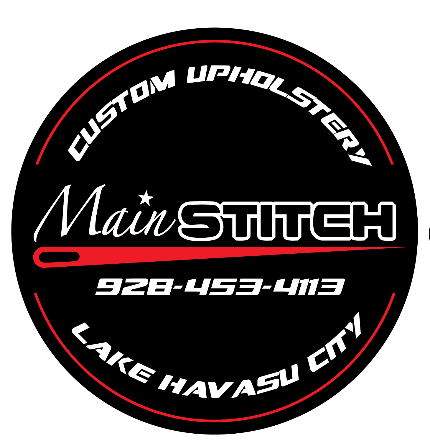 Circular logo for Main Stitch, a custom upholstery business in Lake Havasu City, with a black background, white and red text, and a needle graphic.