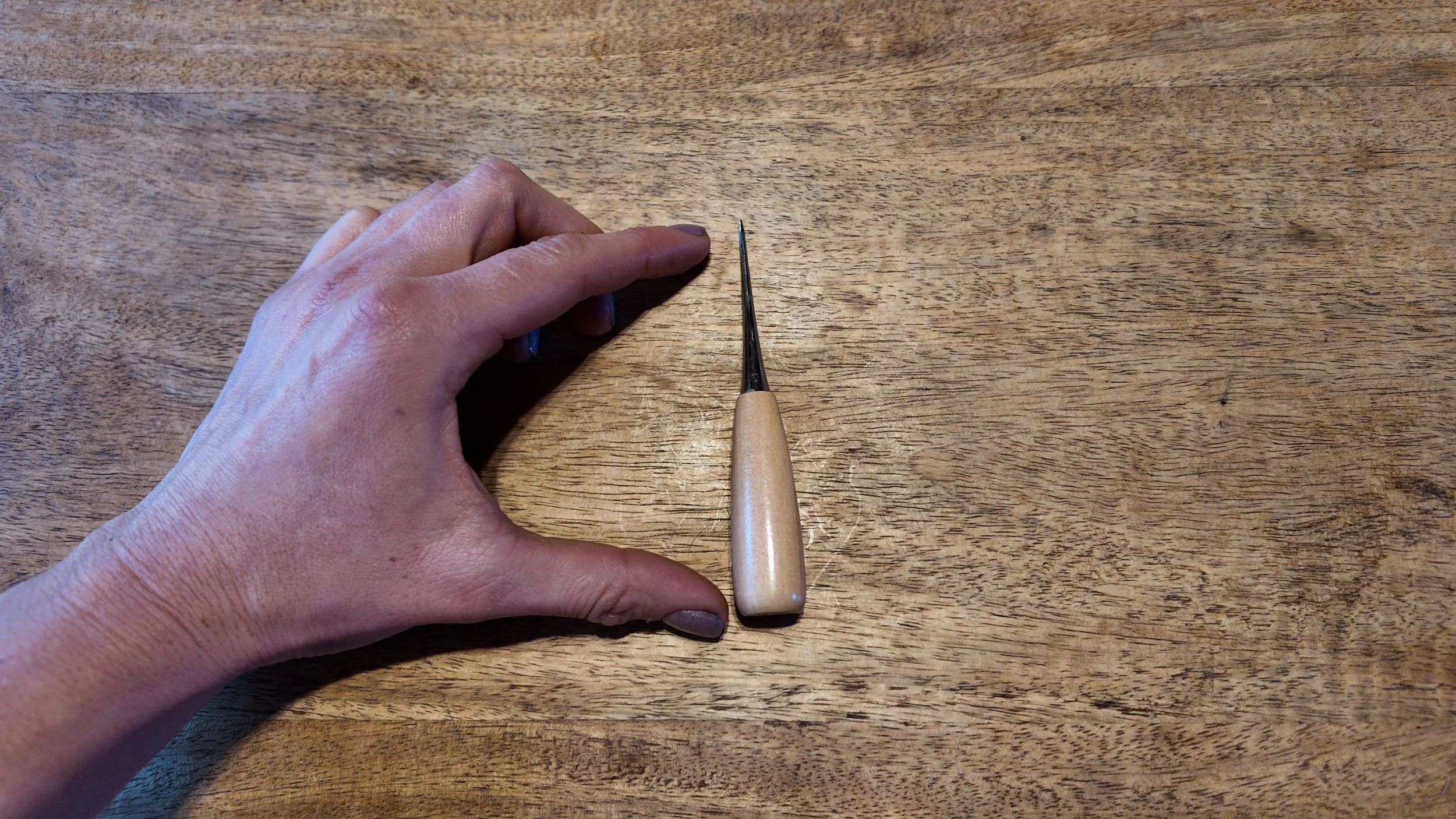 Awl – Framing & Sewing Tool for Hide Tanning - Hand for Scale.JPG
