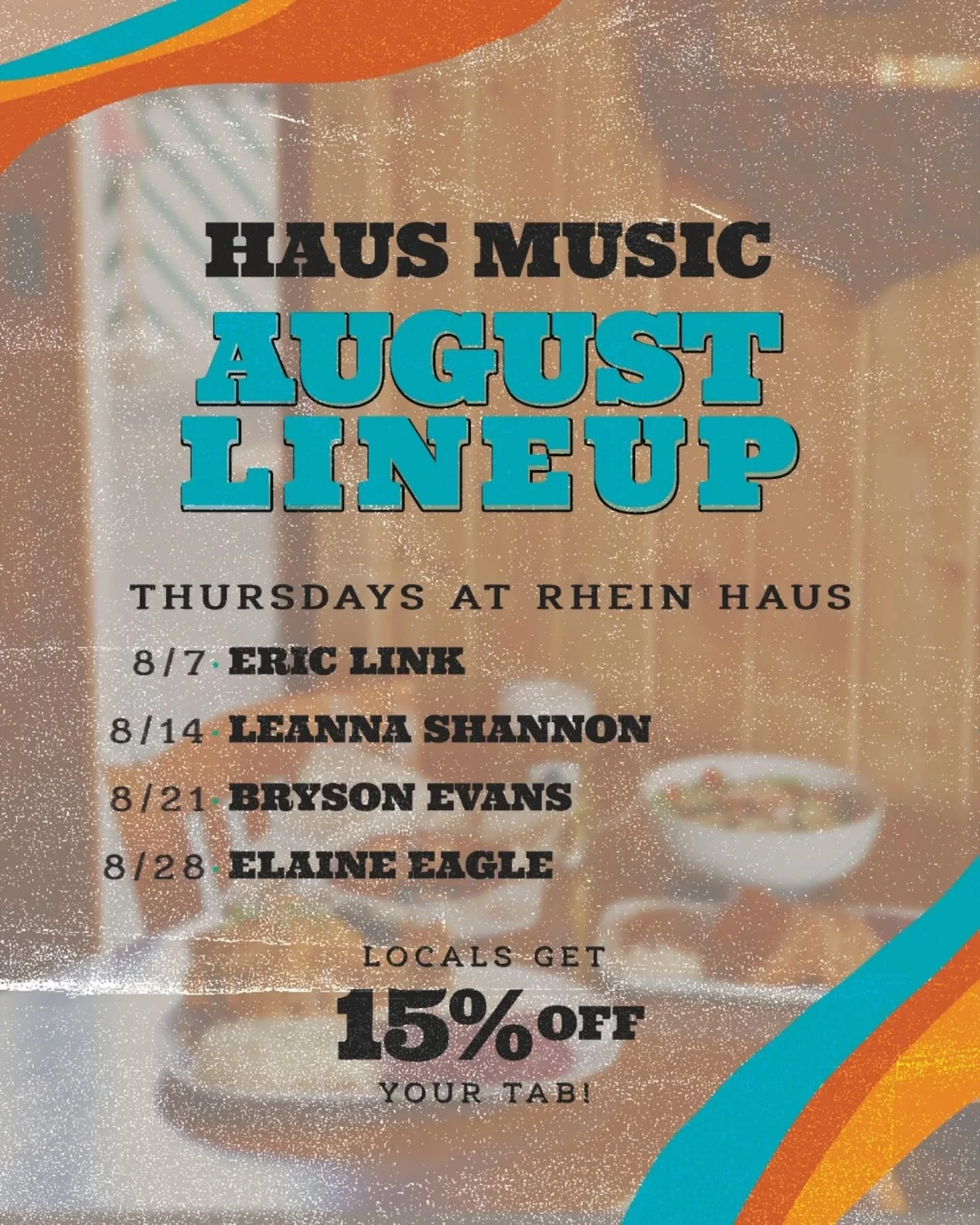 🎶 August Lineup&rsquo;s lookin&rsquo; mighty fine!

Join us every Thursday at 6pm for dinner, drinks, and live music from some of our favorite local artists:

8/7 &ndash; @ericlinkmusic
8/14 &ndash; @leannashannonmusic
8/21 &ndash; @brysonelliotteva
