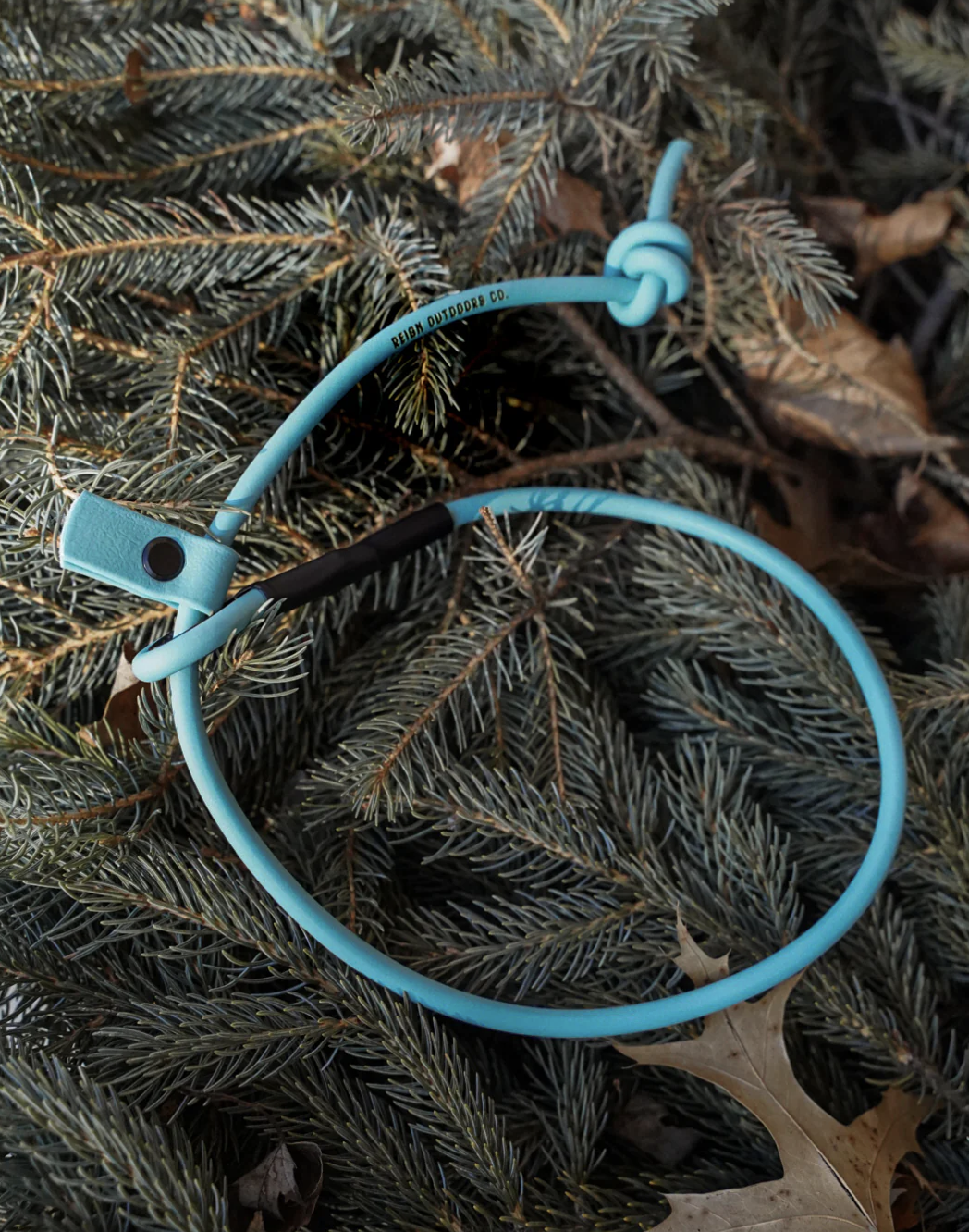 Blue outdoor headband with black and black strap resting on pine tree branches with some brown oak leaves.