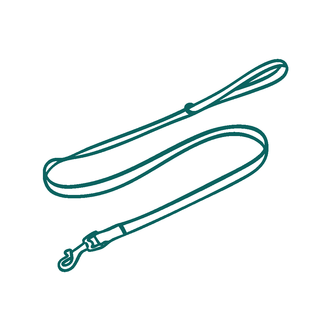 Line drawing of a dog leash, including a strap and a clip.