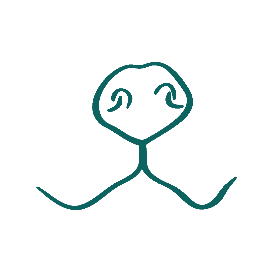 Line drawing of a smiling whale with small fins and a curved tail.