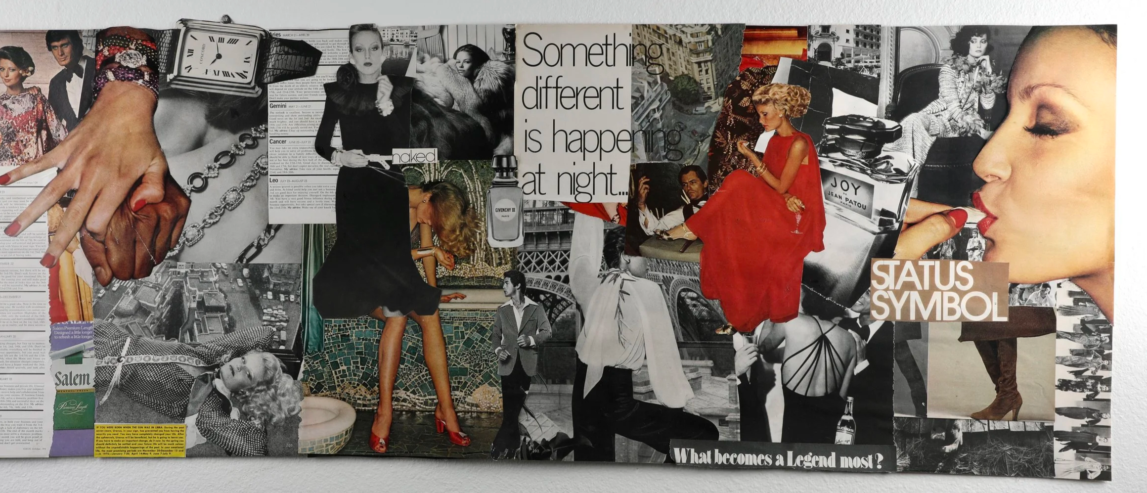 A collage of vintage fashion, modeling, and luxury lifestyle images with text including 'Something different is happening at night,' 'STATUS SYMBOL,' and 'What becomes a Legend most?'