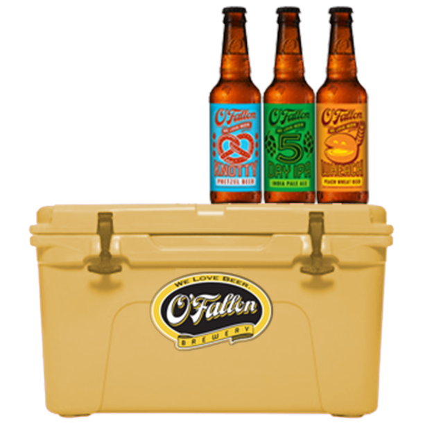 A custom cooler for branded in the O'Fallon Brewery  showing the 3 Spring release flagship beers  - Knoftty Pretzel, 5 Day IPA and Wheach Peach Wheat Beers