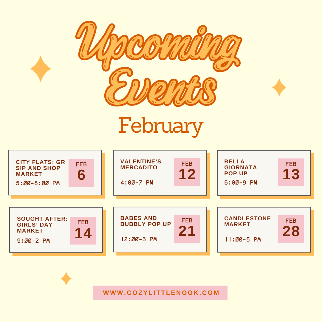 Upcoming events for February listed in a grid, including pop-up markets with dates and times, on a pastel yellow background with decorative stars and a website link at the bottom.