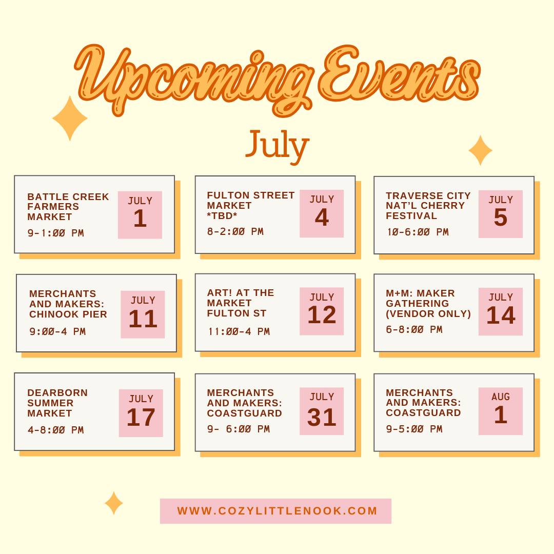 calendar of July events for Cozy Little Nook