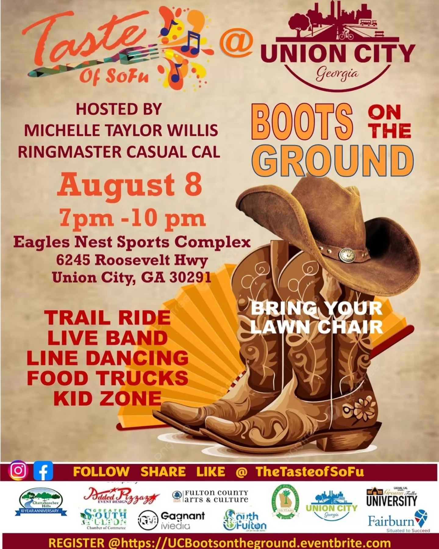 Taste of SoFu is BACK with Boots on the Ground

Saddle up, Union City! The Taste of SoFu is BACK with Boots on the Ground. Join us for a night of trail rides, live music, line dancing, food trucks, and family fun!

Boots on the Ground
🗓️ Friday, Aug