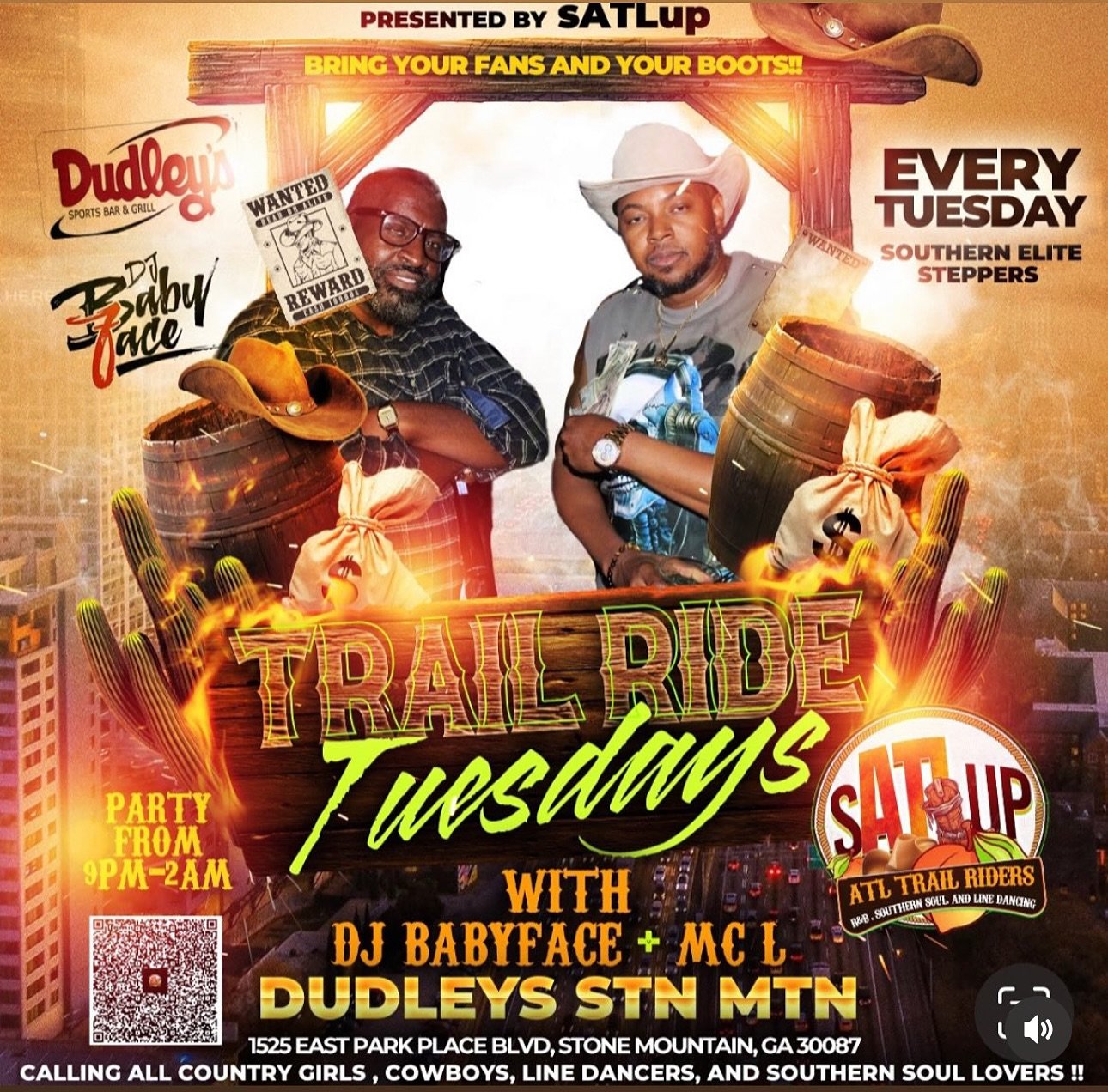 Trail Ride Tuesdays at Dudley&rsquo;s! 🥳🪭

📍 Dudley&rsquo;s Stone Mountain
1525 East Park Place Blvd, Stone Mountain, GA 30087
🗓️ Every Tuesday
⏰ Party from 9:00 PM &ndash; 2:00 AM

🎶 Music by DJ Babyface
🎤 Hosted by MC L

Calling all country g