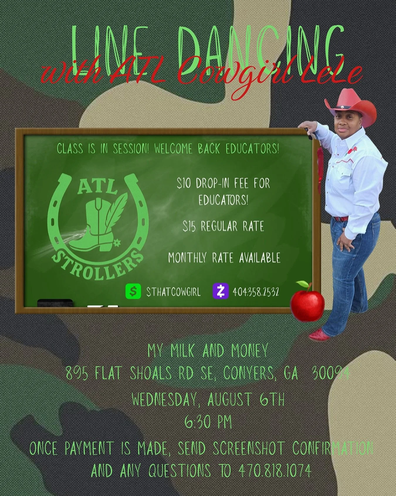 Line Dancing with ATL Cowgirl LeLe 🍎
🎓 Class is in session &mdash; welcome back educators!

📍 My Milk and Money
895 Flat Shoals Rd SE, Conyers, GA 30094
🗓️ Wednesday, August 6th
⏰ 6:30 PM

💰 Rates:
$10 drop-in for educators
$15 regular rate
📆 M