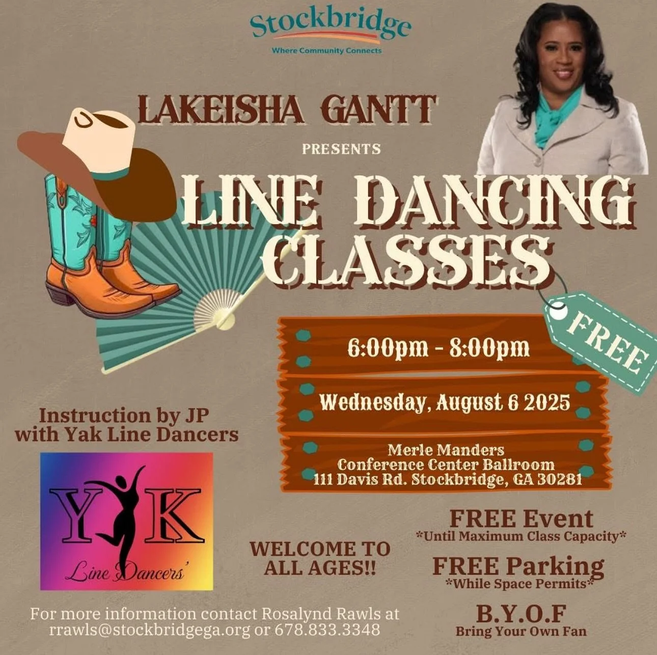 FREE Line Dancing Classes 🪭

Wednesday, August 6, 2025
6:00 PM &ndash; 8:00 PM
Merle Manders Conference Center &ndash; Ballroom
111 Davis Rd., Stockbridge, GA 30281

FREE Event (until maximum class capacity is reached)
FREE Parking (while space perm
