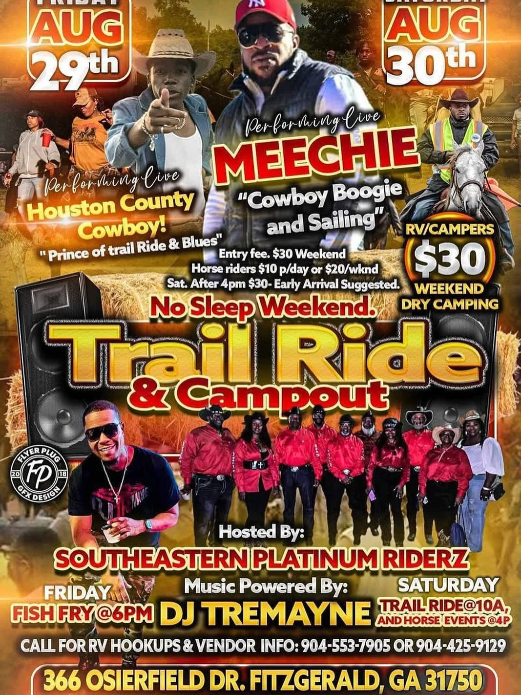 Trail Ride &amp; Campout &ndash; No Sleep Weekend 🤠🔥

📍 366 Osierfield Dr, Fitzgerald, GA 31750
🗓️ Friday, August 29 &ndash; Saturday, August 30, 2025
⏰ Fish Fry Friday at 6 PM | Trail Ride Saturday at 10 AM | Horse Events at 4 PM

🎤 Live perfor