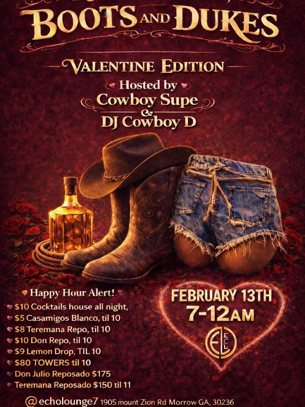 Kings of Love: Boots &amp; Dukes ❤️&zwj;🔥🤠
Valentine Edition

📅 Friday, February 13
⏰ 7:00 PM &ndash; 12:00 AM
📍 1905 Mount Zion Rd Morrow GA, 30236

Hosted by Cowboy Supe &amp; DJ Cowboy D 🎧
Line Dancing + Live Performance by Cowboy Tap 💃

🍸 