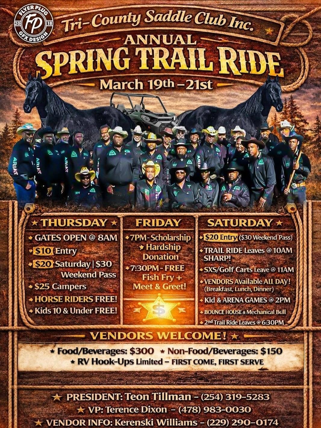 Tri-County Saddle Club Trail Ride 🐎🔥

📅 Thursday, March 19 &mdash; Saturday, March 21
📍 120 Carter Cemetery Rd Wrightsville, GA 31096

🎟️ Thursday: Gates open 8 AM
&bull; $10 Entry
&bull; Horse riders FREE
&bull; Kids 10 &amp; under FREE

🔥 Fri