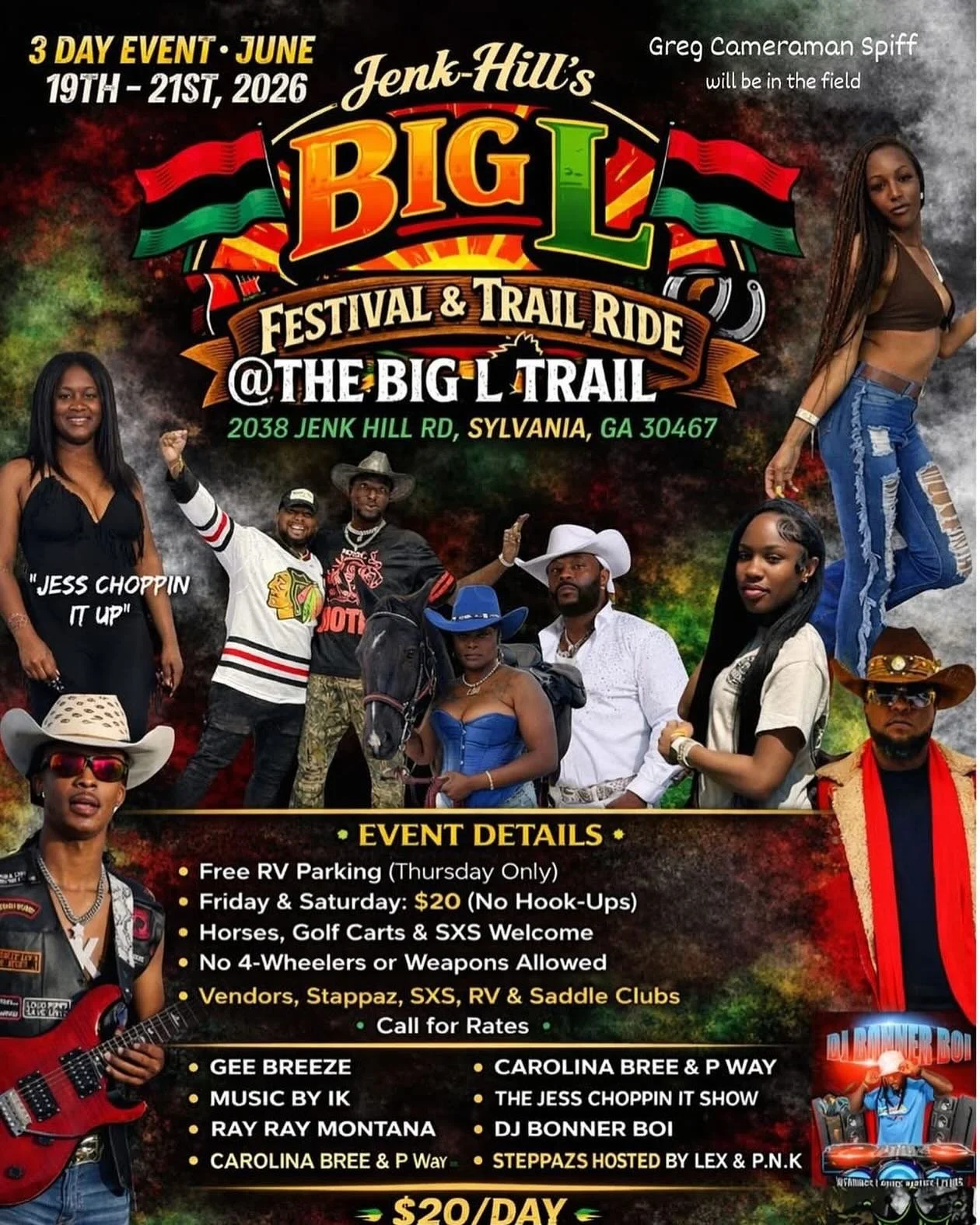 Jenk Hill&rsquo;s Big L Festival &amp; Trail Ride

All Trail Riders, Horsemen, golf carts and SXS enthusiasts are welcome! Come enjoy exciting on-road and off-road trails in a fun, high-energy environment.

This is a family-friendly event&mdash;bring