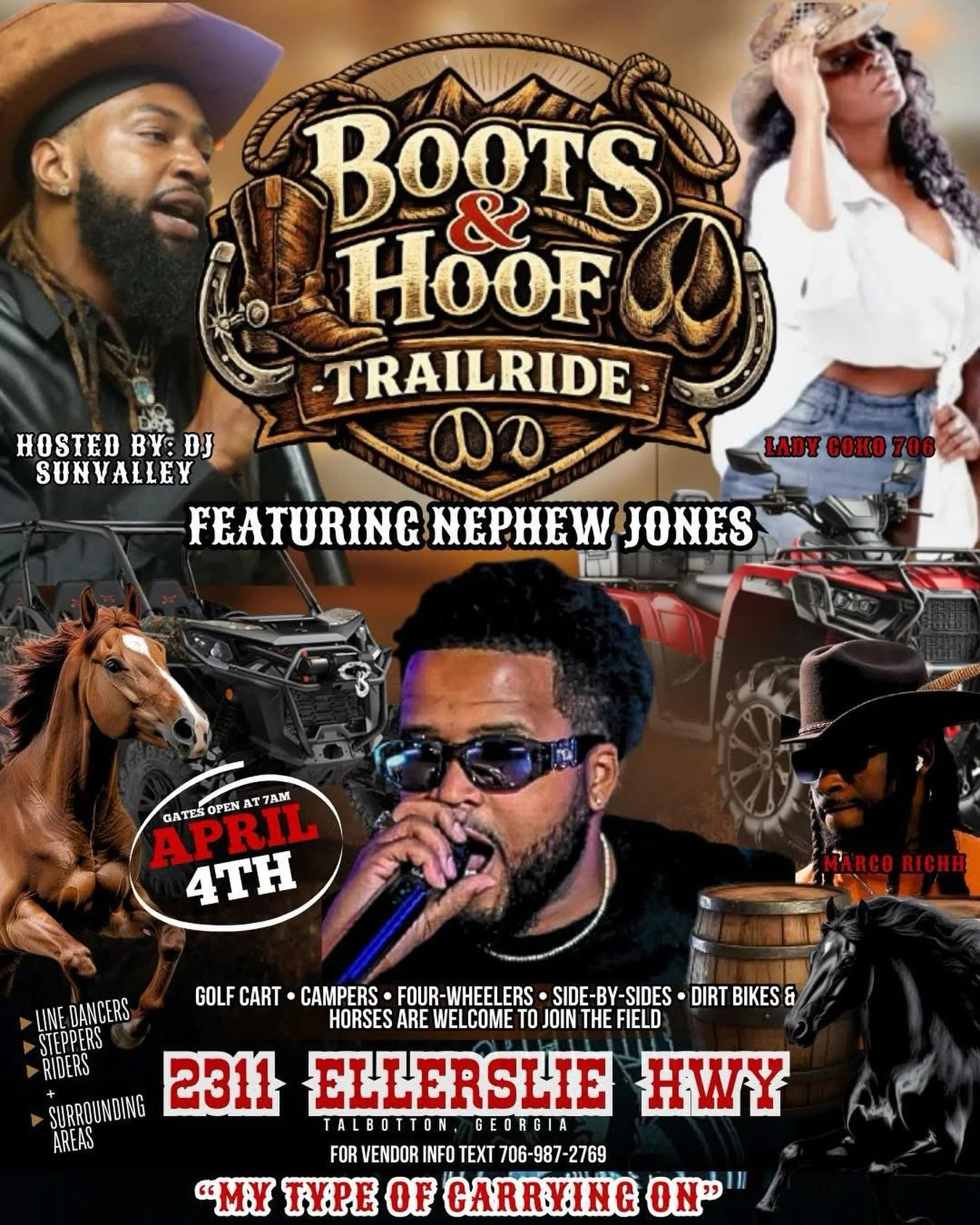 Boots &amp; Hoof Trail Ride 🤠🔥

📅 April 4th
⏰ Gates Open @ 7AM

📍 2311 Ellerslie Hwy
Talbotton, GA

🐎 Horses Welcome
🛻 Golf Carts &bull; Campers &bull; 4-Wheelers &bull; Side-by-Sides Welcome

🎶 Featuring Live Entertainment
🕺🏽 Line Dancers &