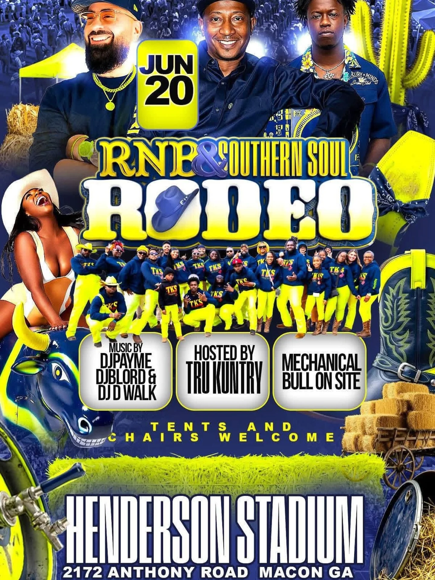 RNB &amp; Southern Soul Rodeo 🤠🔥

📅 Saturday, June 20, 2026

📍 Henderson Stadium
2172 Anthony Road Macon, GA

🎶 Live DJs
🐂 Mechanical Bull On Site

🪑 Tents &amp; Chairs Welcome

A rodeo with a vibe&hellip; music, culture, and outside energy 🔥