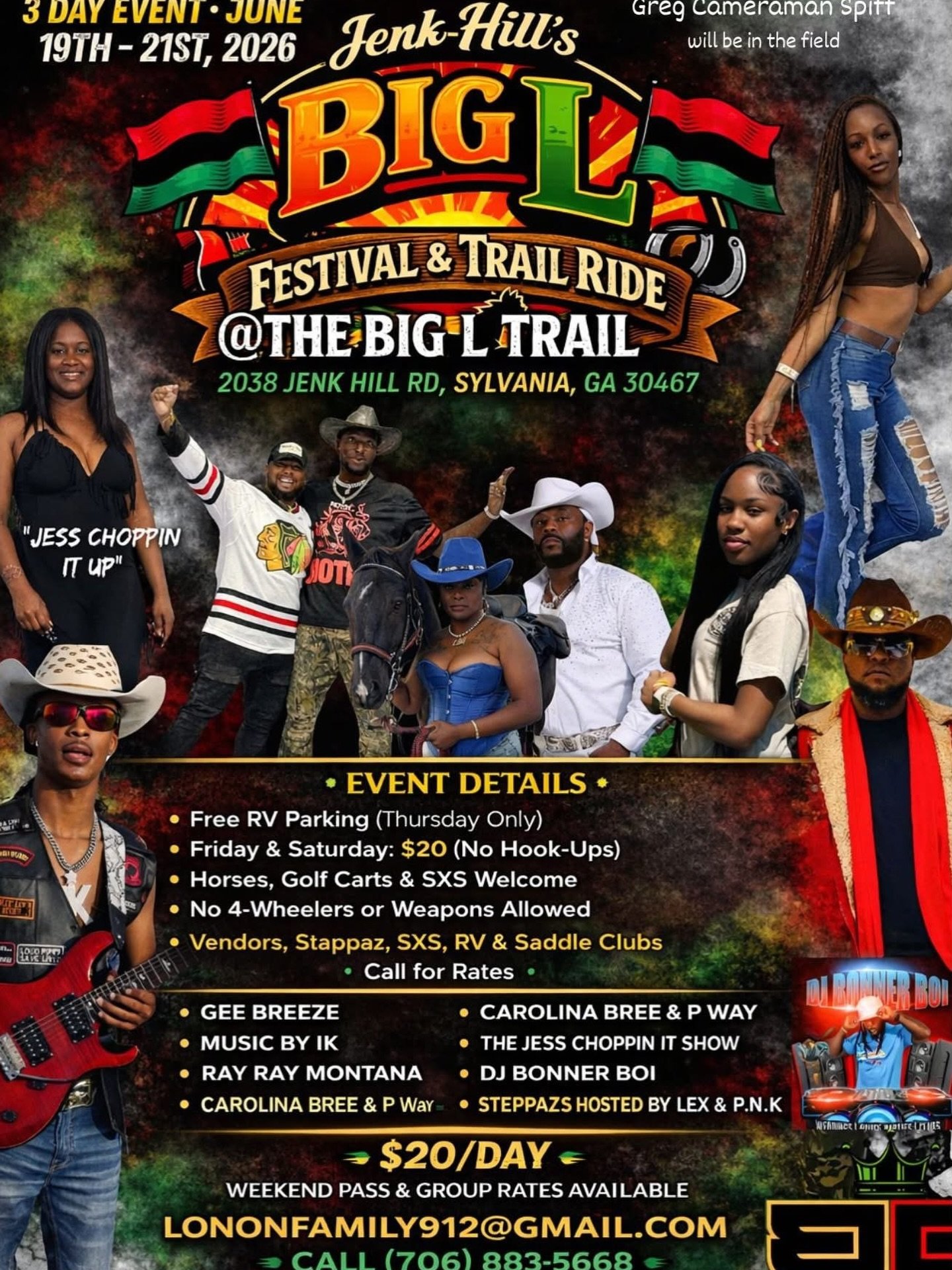 Jenk Hill&rsquo;s Big L Festival &amp; Trail Ride
All Trail Riders, Horsemen, golf carts and SXS enthusiasts are welcome!
Come enjoy exciting on-road and off-road trails in a fun, high-energy environment.

This is a family-friendly event&mdash;bring 