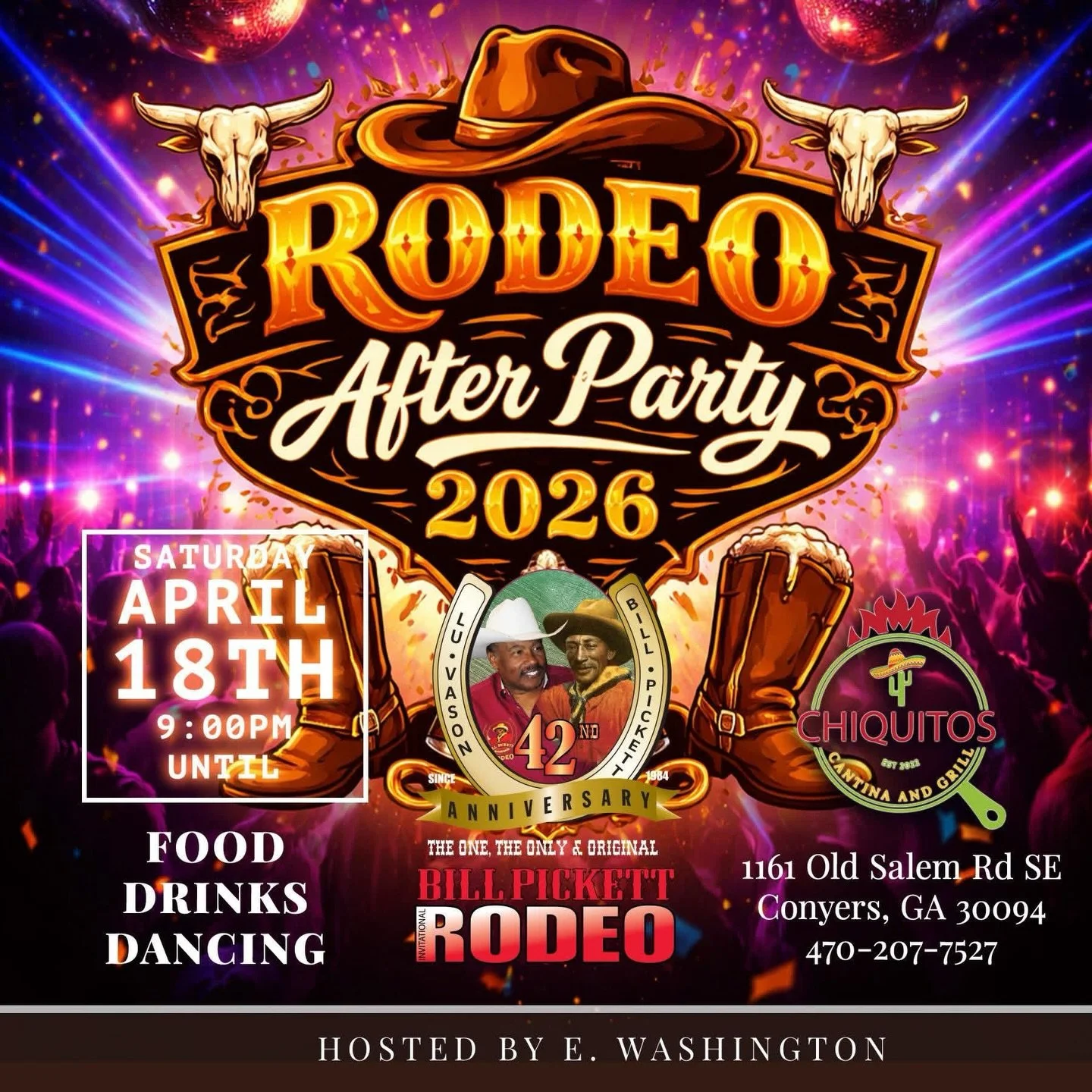 Rodeo After Party 🤠

🗓️ Saturday, April 18, 2026
📍 1161 Old Salem Rd SE Conyers, GA
💰 Free for all ages | Drink responsibly

Food 🍔 | Drinks 🍻| Dancing 💃🏽