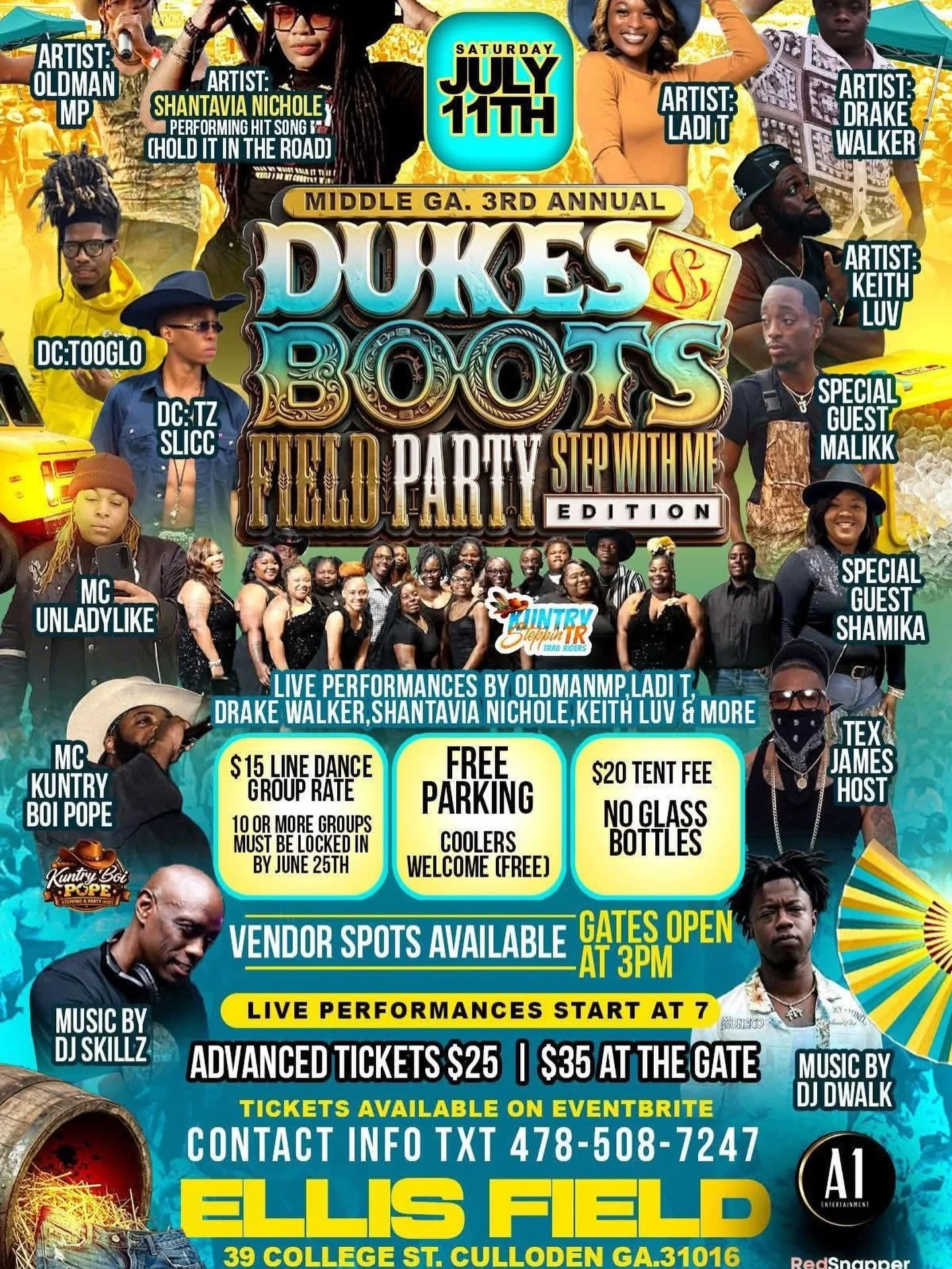 Middle GA 3rd Annual Dukes &amp; Boots Field Party: Step With Me Edition 🔥🤠 

📍 Ellis Field
39 College St, Culloden, GA 31016

⏰ Gates Open 3PM
🎤 Live Performances Start at 7PM

🎟️ Advanced Tickets $25 | $35 At The Gate
🎫 Tickets available on E