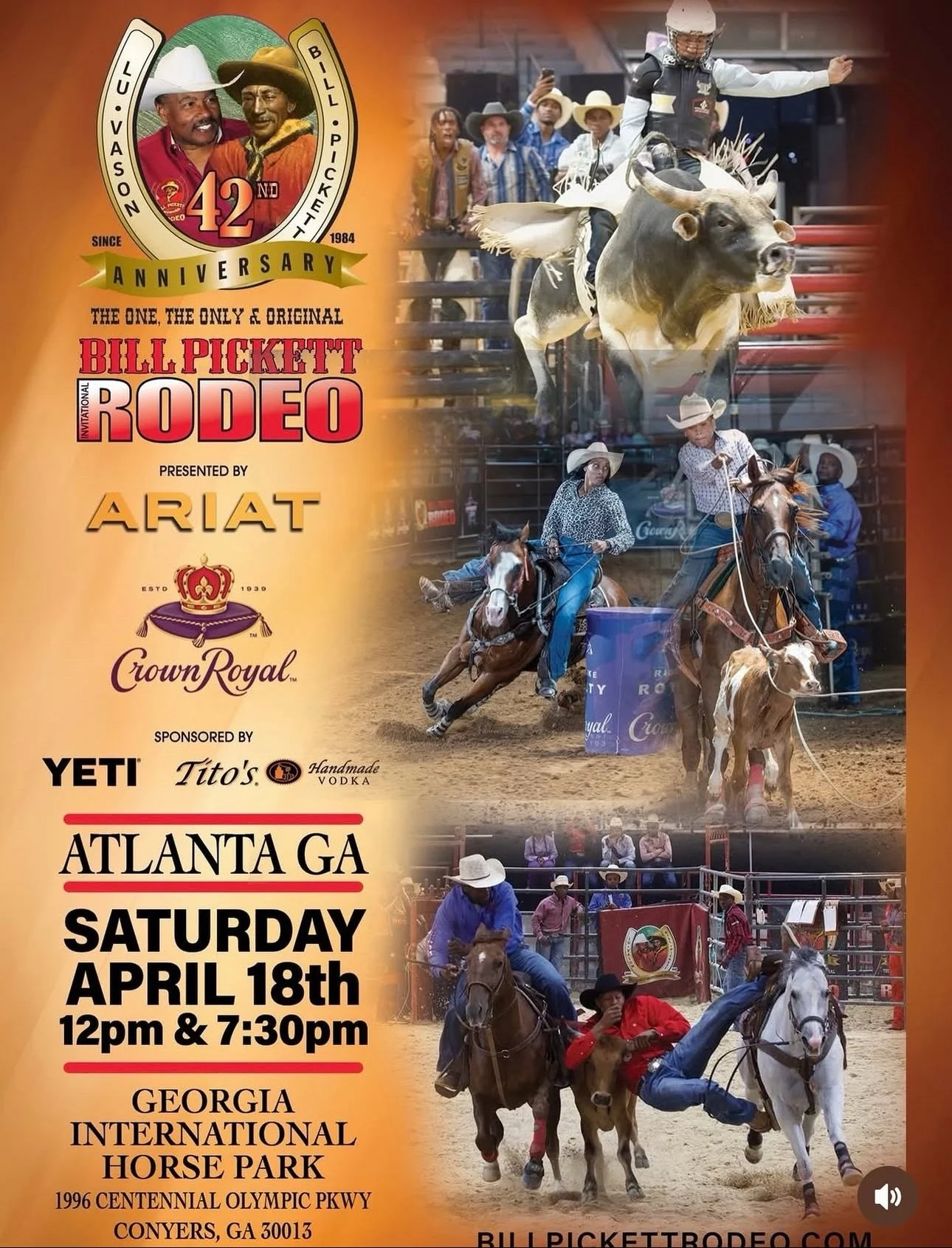 The Greatest Show on Dirt is coming your way!

ATLANTA GA

April 18 12PM &amp; 7:30PM

Georgia International Horse Park

Secure your seats NOW
www.billpickettrodeo.com