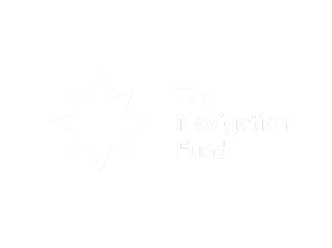 Logo for The Navigation Fund featuring a black background, a white starburst icon, and white text.