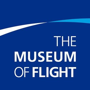 Logo for the Museum of Flight featuring a blue background and stylized white and light blue swoosh with white text