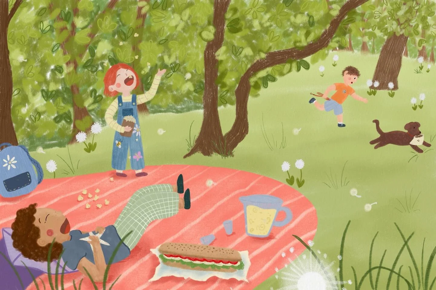 day at the park 🌷

May calendar illustration
prompt: &ldquo; Friends burst into laughter beneath green trees, tossing blankets onto the grass and unpacking lunch as flowers whirl through the air, a playful dog darting between them with a wagging tai