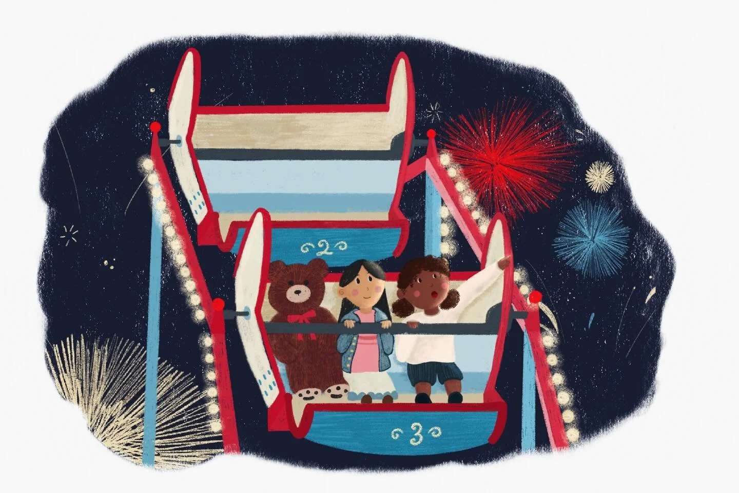 Ferris wheel ride 🎡

July Calendar illustration 
prompt: &ldquo;Up in the ferris wheel, friends bounce in their seats with wide eyes, watching fireworks bloom like giant flowers in the dark sky.&rdquo;

#childrensbookillustration #summerillustration