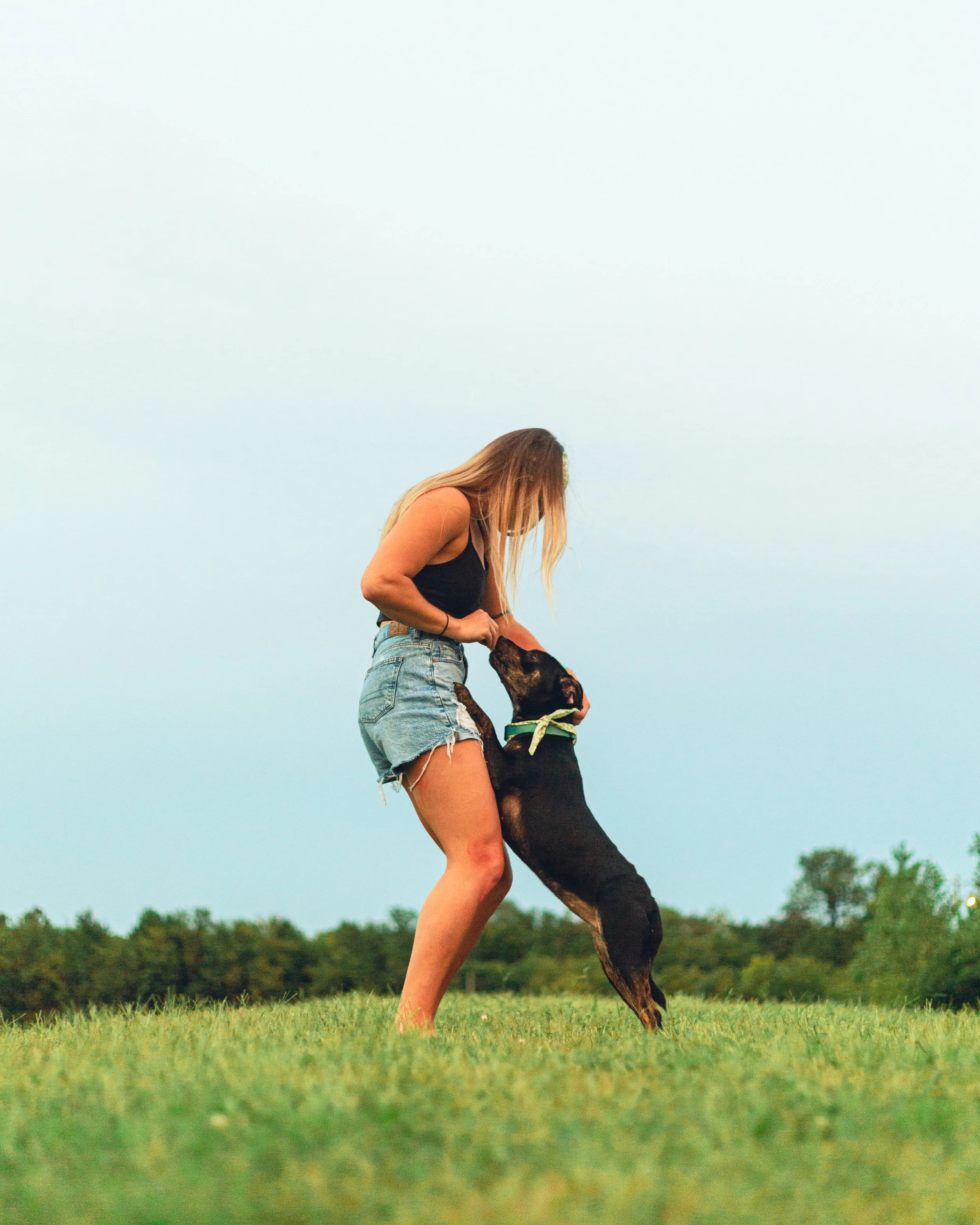 Portrait of girl and dog in an open field.