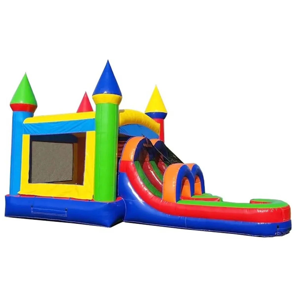 Colorful inflatable bounce house with a slide, castle towers, and bright primary colors.
