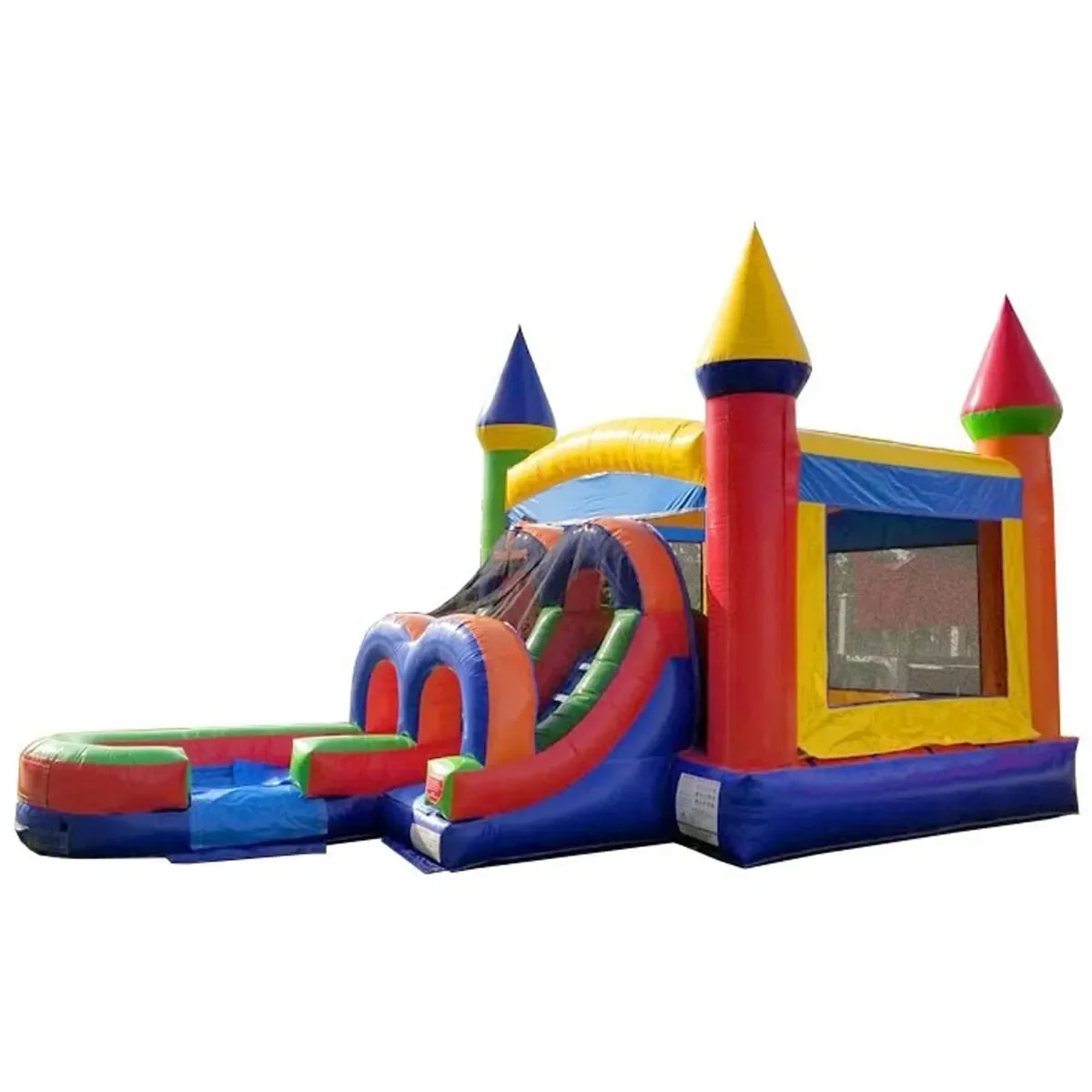 Colorful inflatable bounce house with slide, towers, and mesh sides, set against a plain white background.