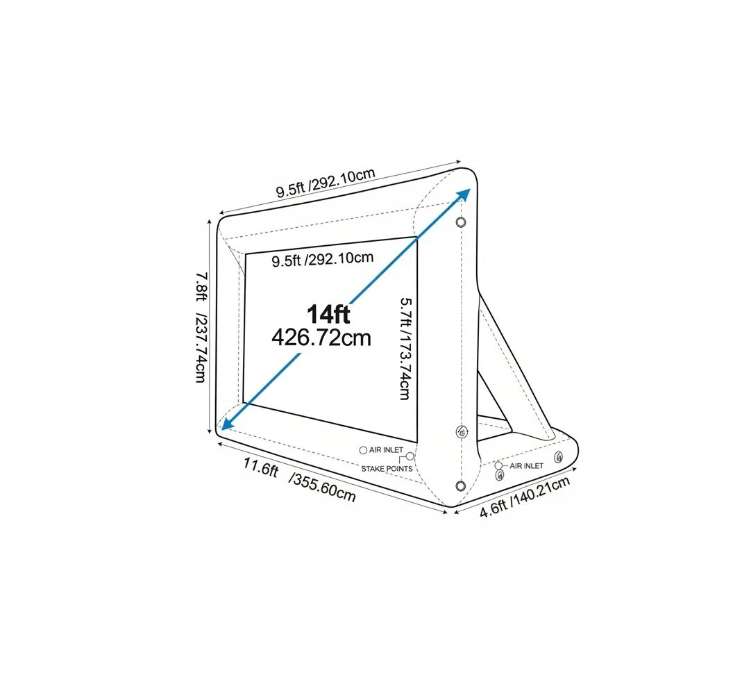 Diagram of an inflatable structure with dimensions in feet and centimeters, showing height, width, and length, including air inlets and stake points.