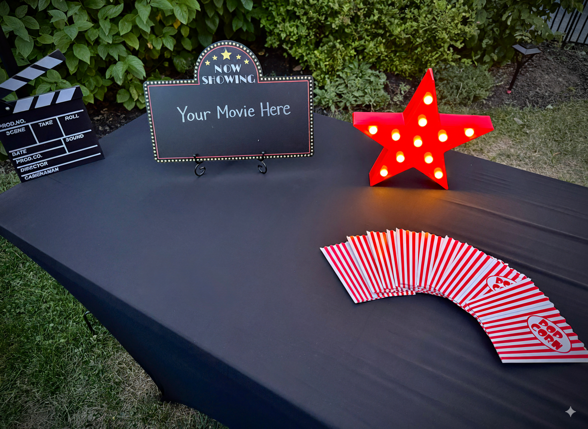 Table decorated with a movie night theme, featuring a clapperboard, a sign that says 'Your Movie Here,' a red star-shaped light with bulbs, and red and white striped popcorn boxes, with greenery in the background.