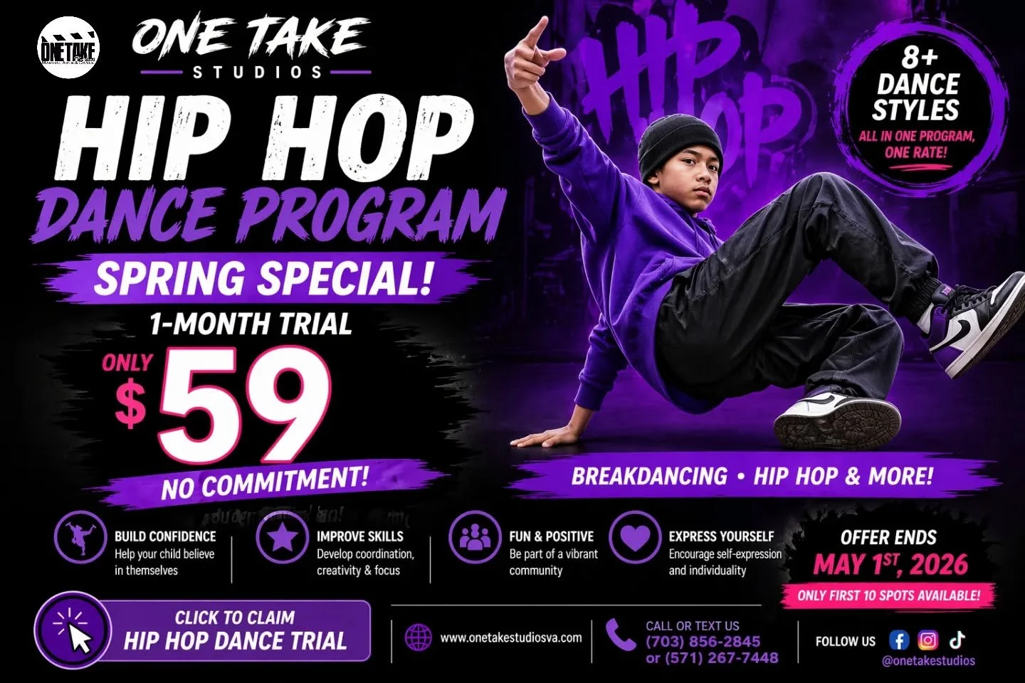 Spring into Dance this season! 🌸💃
Try our Hip Hop Dance Program for just $59 for 1 month

No commitment, just fun, confidence &amp; 8+ styles to explore! ✨

👉 Link in bio to get started! 
#otsva #oneTakeStudios #springseason